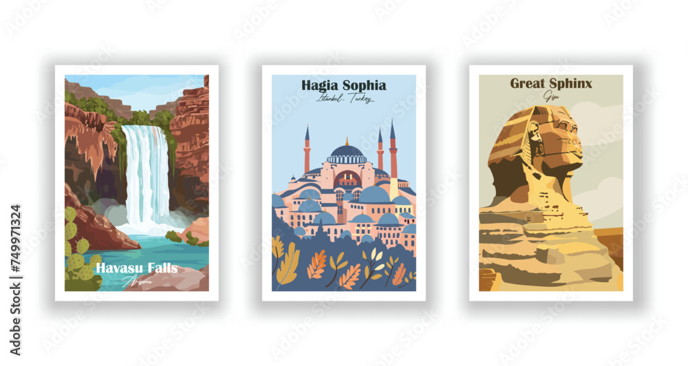 Great Sphinx, Giza. Hagia Sophia, Istanbul, Turkey. Havasu Falls, Arizona - Set of 3 Vintage Travel Posters. Vector illustration. High Quality Prints