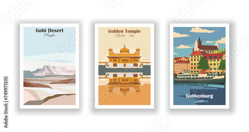 Gobi Desert, Mongolia. Golden Temple, Amritsar, India. Gothenburg, Sweden - Set of 3 Vintage Travel Posters. Vector illustration. High Quality Prints