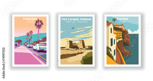 Fort Laramie National Historic Site, National Park. Francisco, USA. Funchal, Portugal - Set of 3 Vintage Travel Posters. Vector illustration. High Quality Prints