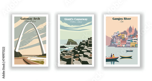 Ganges River, India. Gateway Arch, National Park. Giant's Causeway, Northern Ireland - Set of 3 Vintage Travel Posters. Vector illustration. High Quality Prints
