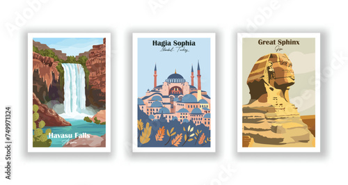 Great Sphinx  Giza. Hagia Sophia  Istanbul  Turkey. Havasu Falls  Arizona - Set of 3 Vintage Travel Posters. Vector illustration. High Quality Prints