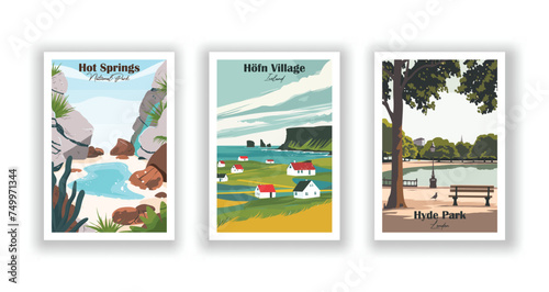 Höfn Village, Iceland. Hot Springs, National Park. Hyde Park, London - Set of 3 Vintage Travel Posters. Vector illustration. High Quality Prints