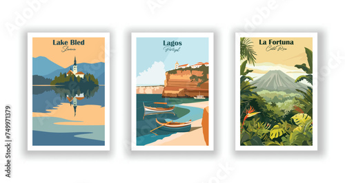 La Fortuna, Costa Rica. Lagos, Portugal. Lake Bled, Slovenia - Set of 3 Vintage Travel Posters. Vector illustration. High Quality Prints photo