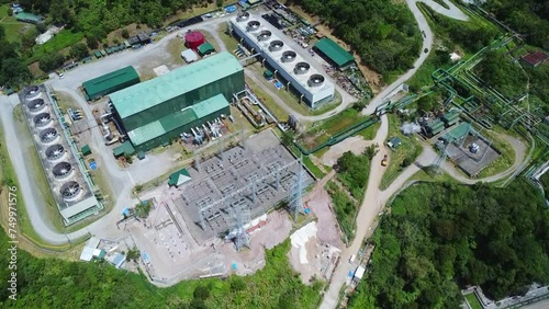 aerial view of a geothermal power plant in the mountains. Volcano energy. 