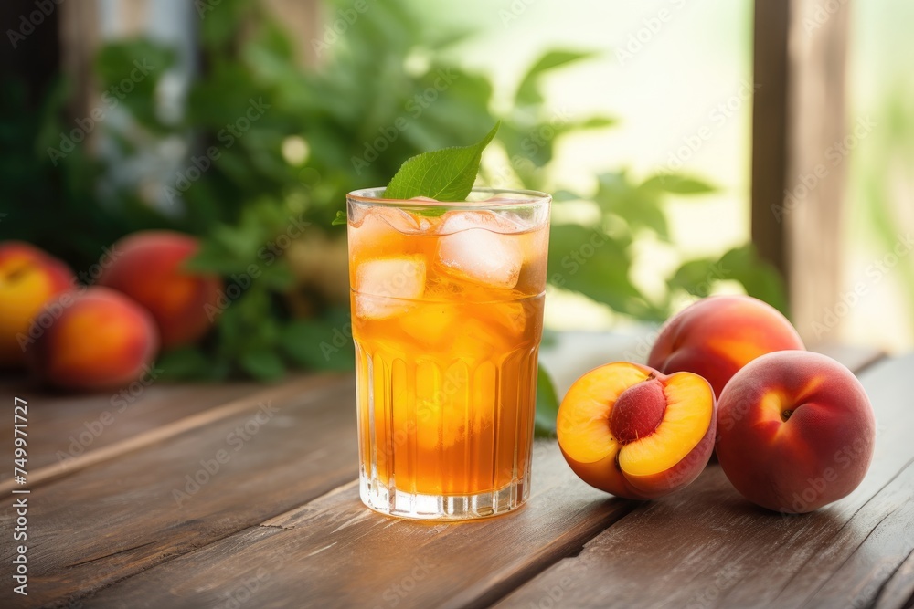 peach iced tea glass and fresh sweet peach on rustic wooden table for summer drinks --ar 3:2 Job ID: 39964058-72c4-454d-9425-ca783d2ae788 peach iced tea glass and fresh sweet peach on rustic wooden table for summer drinks --ar 3:2 Job ID: 39964058-72c4-454d-9425-ca783d2ae788