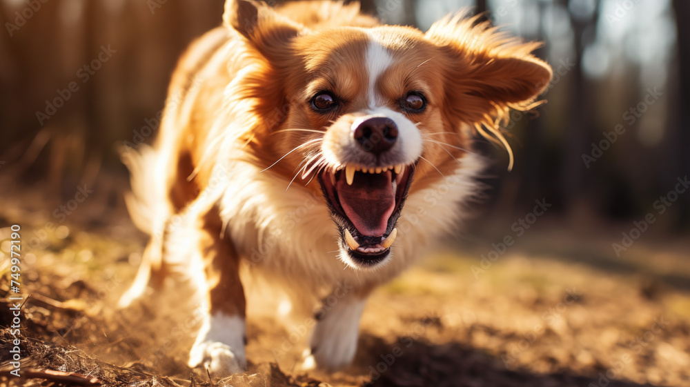 Fierce dog displays menacing fangs in a forceful attack