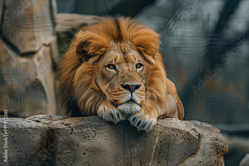 Pensive Lion Resting on Rock