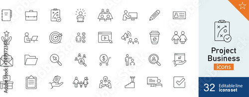 Set of 32 Project Business web icons in line style. Presentation, business, seminar, partnership, goals, meeting, whiteboard, conference, plan icons. Vector illustration. photo
