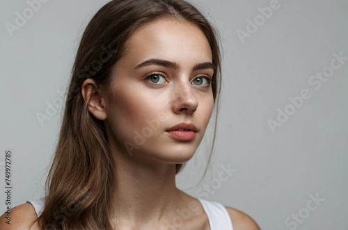 Beautiful blonde woman in photography pose on light background