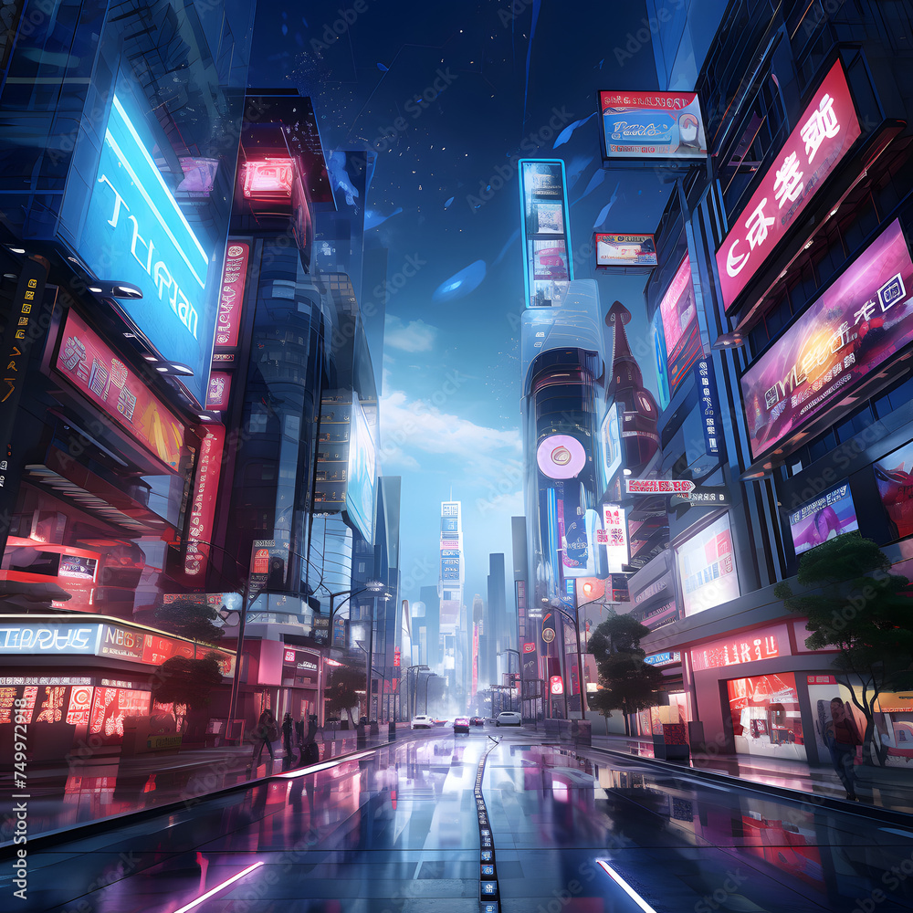 A futuristic cityscape with holographic billboards 