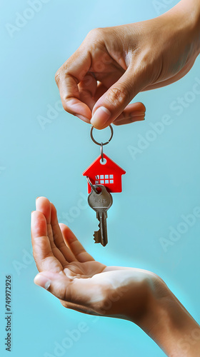 Close-Up of Hands Exchanging Modern House Key with Keychain: Symbolizing Homeownership Transfer in Soft Blue Background