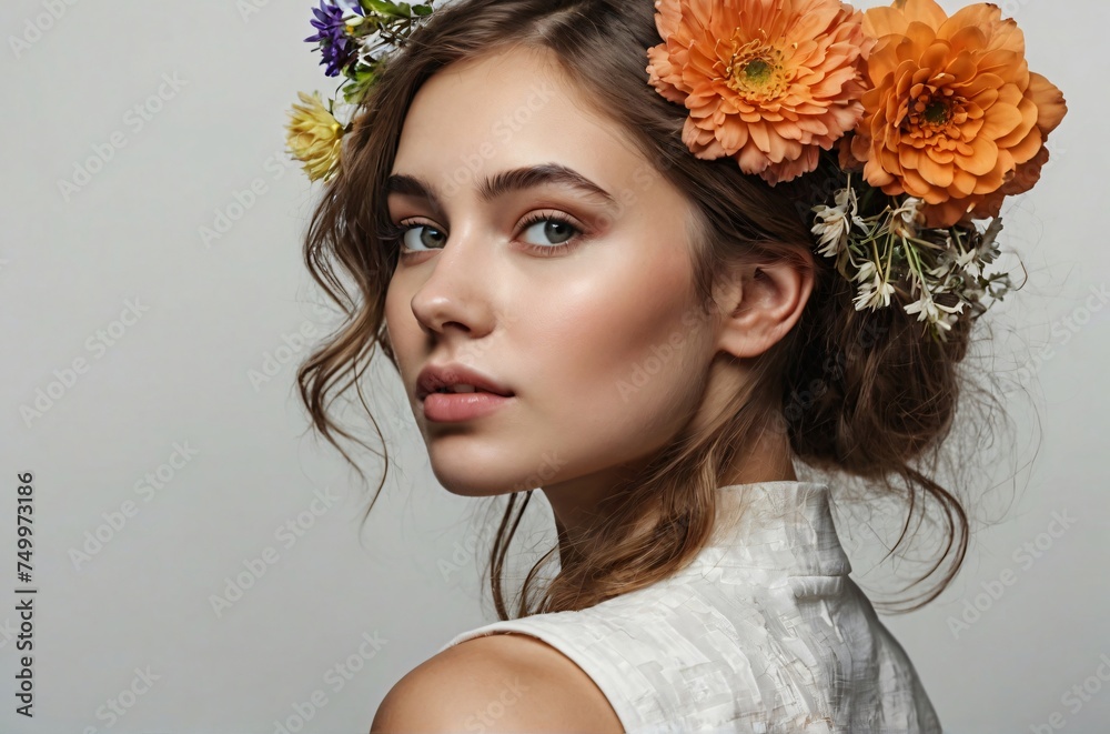 Naklejka premium Beautiful blonde woman with flower crown on her head in photography pose on light background