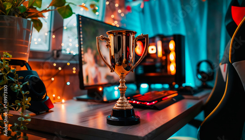 trophée en or posé sur un bureau gamer pour la victoire d'un champion en e-sport