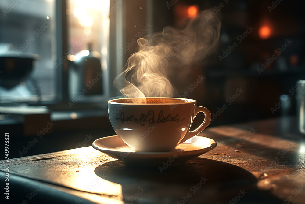 Coffee cup with hot coffee. Morning coffee in mug on table in restaurant. Breakfast with coffee in cafe. Hot cappuccino in cup on table in morning. Aromatic espresso caffeine drink in home room. - obrazy, fototapety, plakaty 