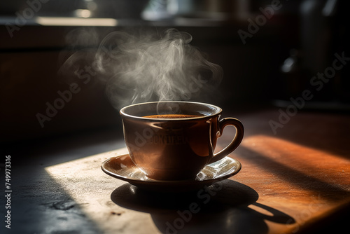 Coffee cup with hot coffee. Morning coffee in mug on table in restaurant. Breakfast with coffee in cafe. Hot cappuccino in cup on table in morning. Aromatic espresso caffeine drink in home room.