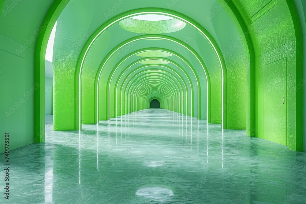 Long Tunnel With Green Walls and White Floor