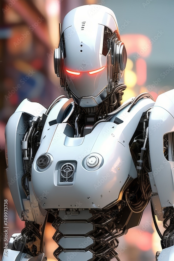 Fototapeta premium Positive cute robot pointing at a space. Copy space, ai generated