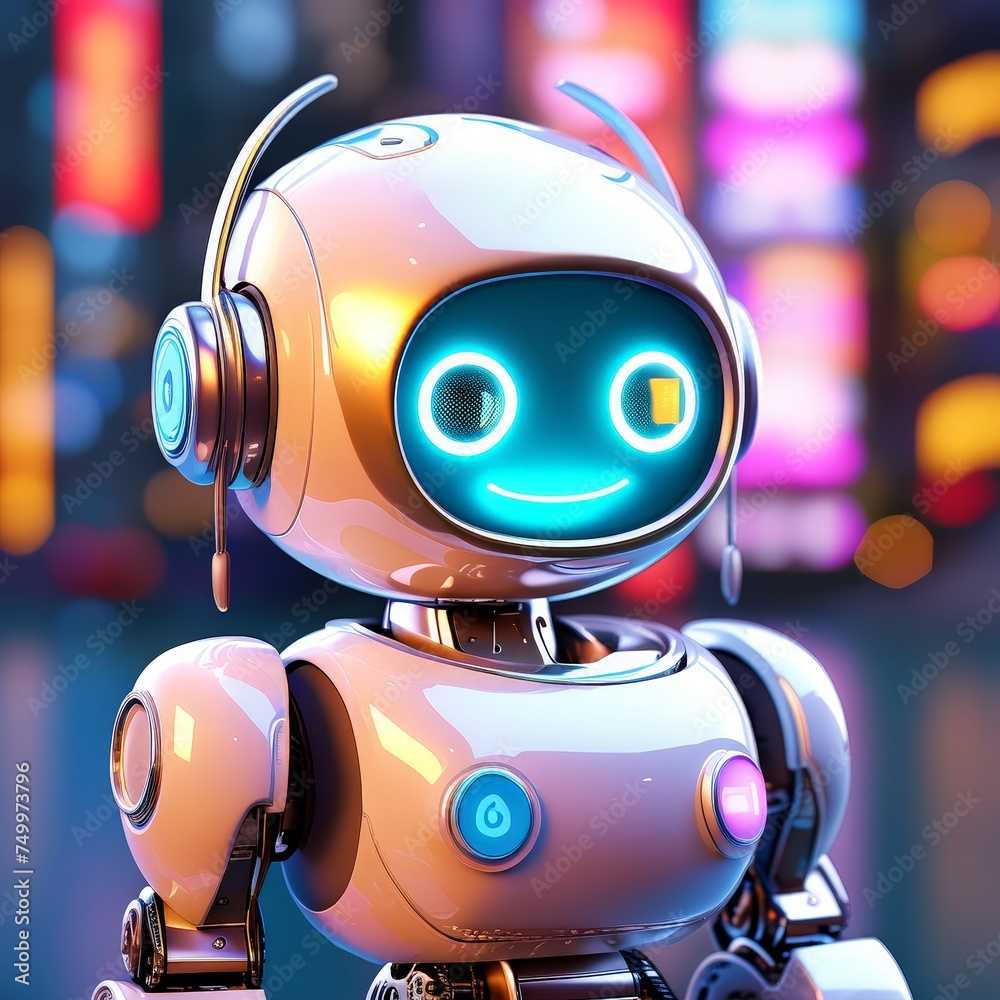 Positive cute robot pointing at a space. Copy space, ai generated Positive cute robot pointing at a space. Copy space, ai generated