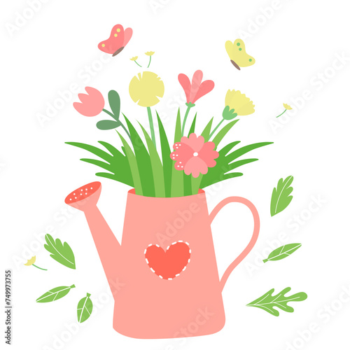 Cute watering can with a bouquet of flowers. Colorful spring, summer herbs and flowers, butterflies.