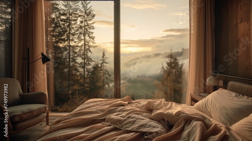Picture a serene bedroom scene, set within the tranquil escape of a festival retreat, 