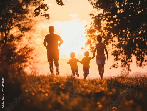 Family walking hand in hand  enjoying a beautiful sunset in the park