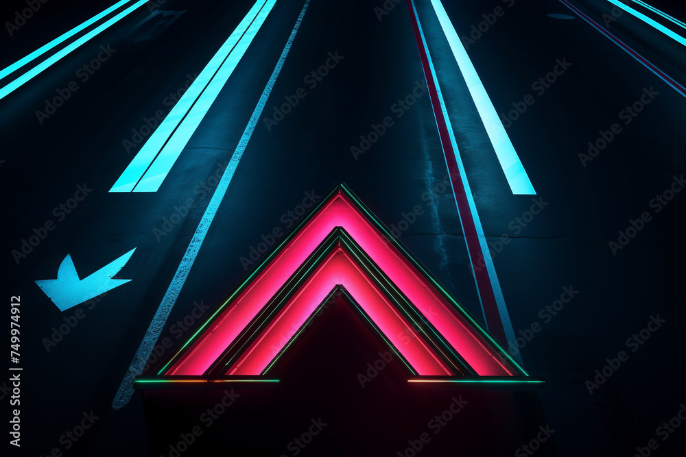 top view of asphalt road, highway lane sign, neon color combination - obrazy, fototapety, plakaty 