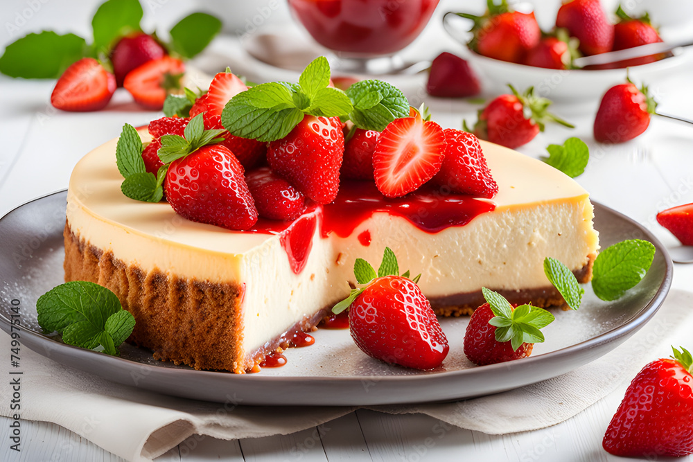cheesecake with fresh strawberries and mint 