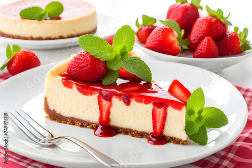 cheesecake with fresh strawberries and mint 