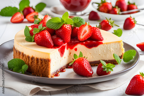 cheesecake with fresh strawberries and mint 