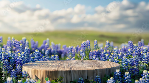podium with wooden texture in rural field filled with bluebonnets on spring day - AI Generated