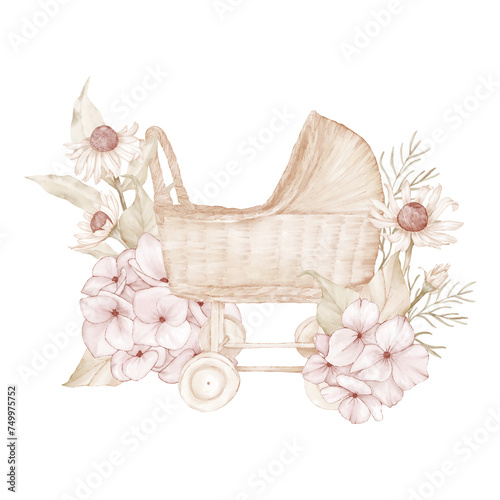 The baby carriage is decorated with flowers