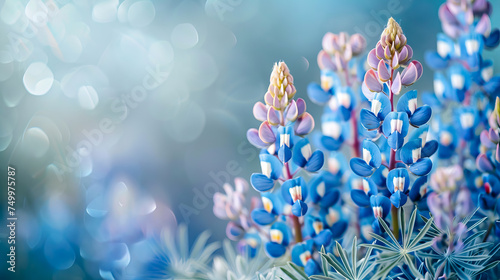 close up Texas Bluebonnet (Lupinus texensis ) on bokeh background with copy space - AI Generated photo