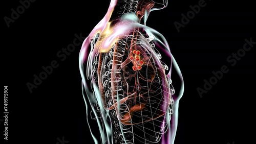 Mediastinal lymphadenitis, an inflammation of lymph nodes in the mediastinum, often associated with respiratory infections or malignancies, 3D animation.