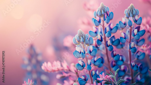 Bluebonnet (Lupinus texensis) flowers blooming in springtime with copy space - AI Generated photo