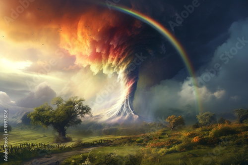natural disaster tornado, rainbow colored, in the countryside photo