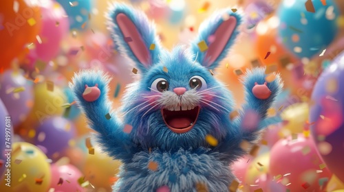A cheerful cartoon blue hare is having fun on the background of festive balloons. The concept of the holiday. 3d illustration