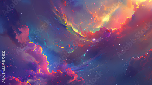 Surreal Cosmic Phenomenon with Vibrant Nebulae
. A stunning digital art piece depicting a surreal and vibrant cosmic phenomenon filled with colorful nebulae and celestial bodies.
