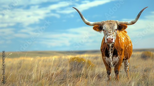 A longhorn steer grazes in a pasture with copy space - AI Generated photo