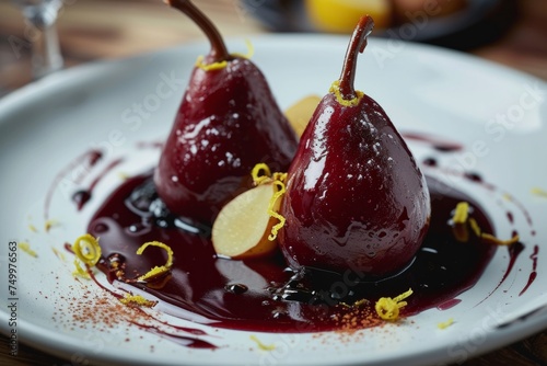 Plate of pears poached in red wine, dessert garnished with ginger. Food photo. close up. French dessert.