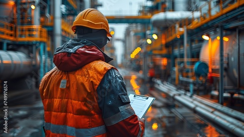 a man wearing a hard hat and safety vest is looking at a clipboard in a factory