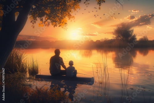 Father and son go fishing together at sunset. © ant