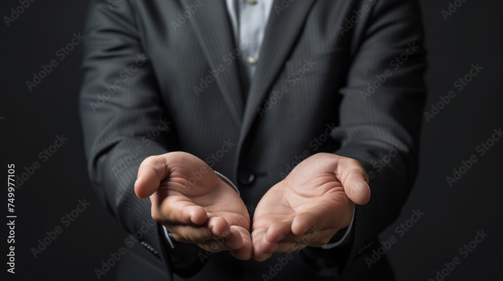 Business concept. Businessman shows your object in his hands. 