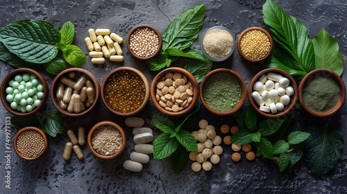 Health and beauty supplements and vitamins and green leaves on a dark surface  top view