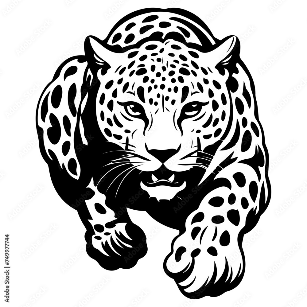Leopard with distinctive spots and powerful stance, sneaks in on his prey, black vector design against white background 