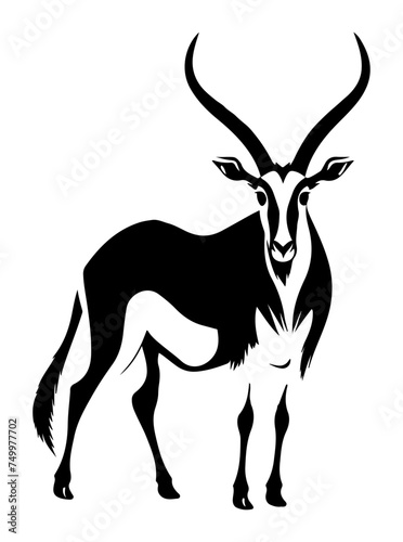 Silhouette of an Gemsbok antelope standing, (Oryx gazella) black vector design against white background 