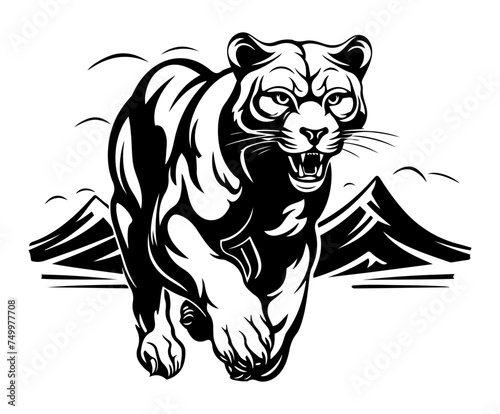 Puma running across field with mountains background, black vector design against white background 