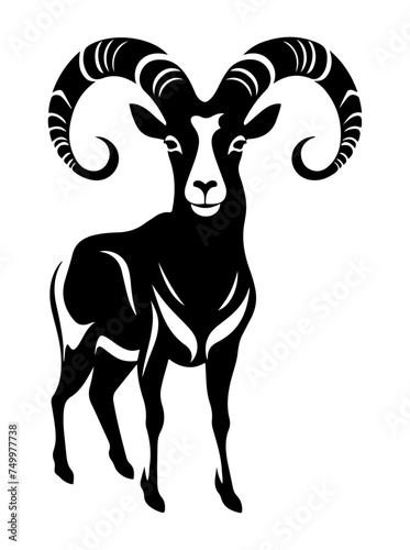 A striking black and white mouflon (Ovis gmelini) is a wild sheep with large horns standing in a field, vector design against white background 