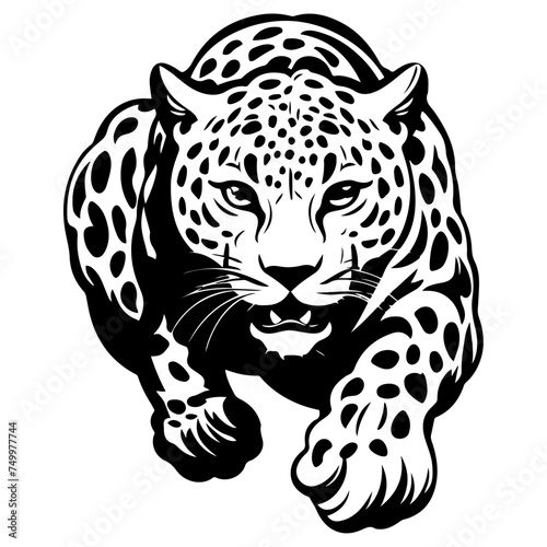 Leopard with distinctive spots and powerful stance, sneaks in on his prey, black vector design against white background 