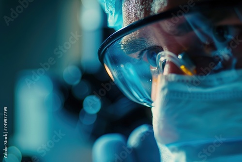 Closeup of doctor's face who are performing their duties in work, surgery, or looking at a microscope Medical themed pictures