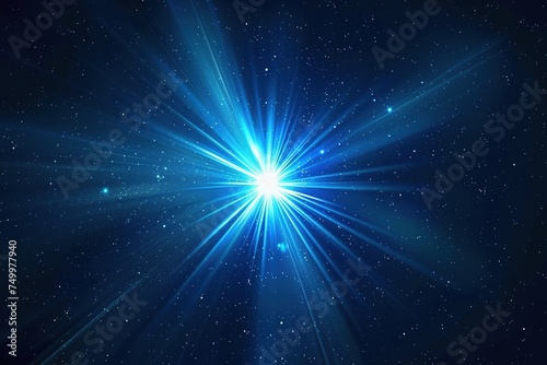 Image of blue star starburst glowing on a dark background, concept of dispersion, explosion, beautiful sparkling light.